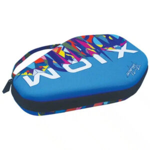 Xiom table tennis racket case in light blue with vibrant geometric design and zipper closure.